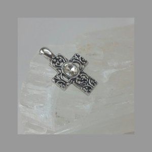 Silver Tone Etched Cross Pendant with Large Crystal and Clasp Opening